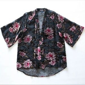 American Eagle Outfitters Size XS 3/4 Sleeve‎ Velour Pink Floral Mesh Open Top